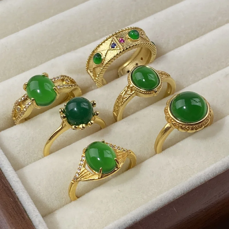 Foxanry Gold Color Green Jade Rings For Women Girls Vintage Trendy Ethnic Exquisite Personality Elegant Anniversary Jewelry Gift