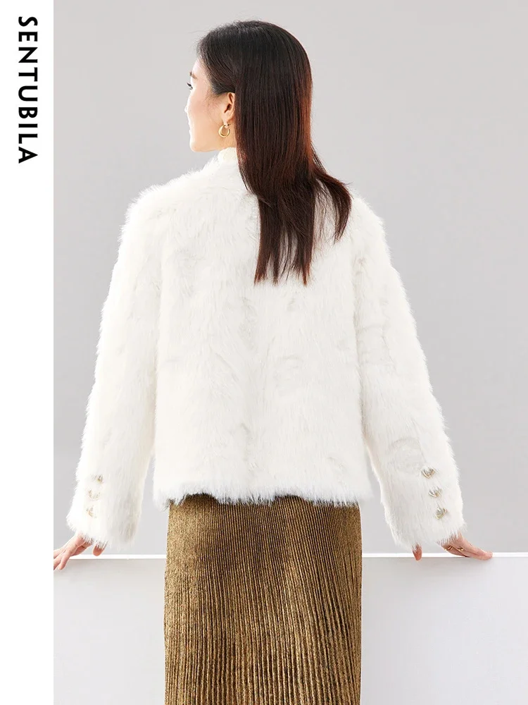 SENTUBILA High Quality Thick Warm Faux Fur Coat Women 2024 Autumn Winter Fashion V Neck Fur Integrated Fluffy Jacket W44W58549X