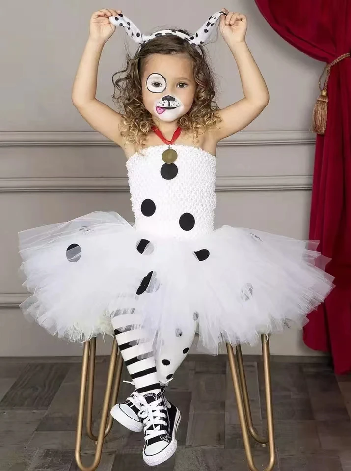 Kids Halloween Dalmatian Dog Costume Toddler Girls Polka Dot Birthday Party Fancy Dress Child Animal Dalmatian Cosplay Clothes