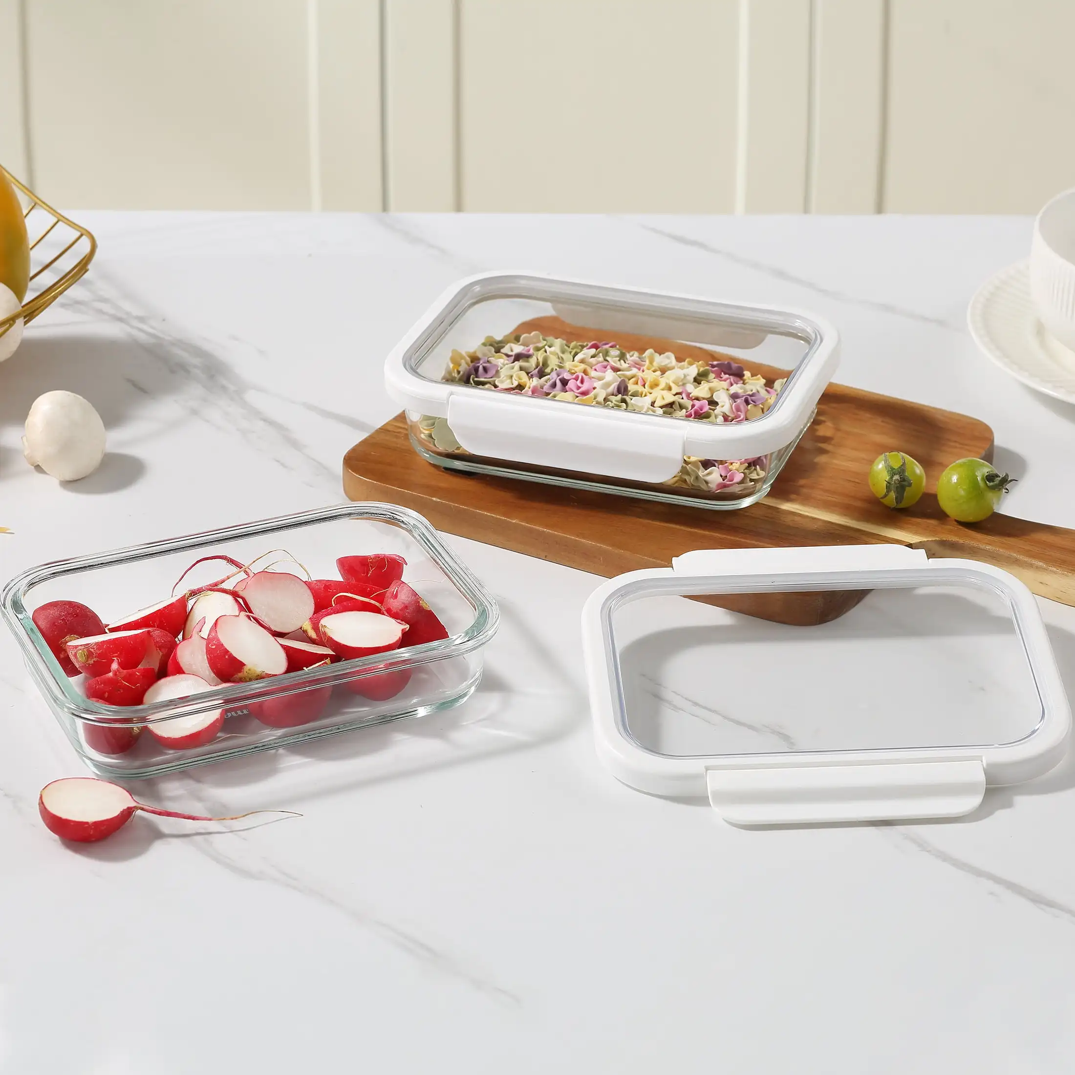 (4個パック) 蓋付き長方形ガラス食品保存容器。 2個セット、4個