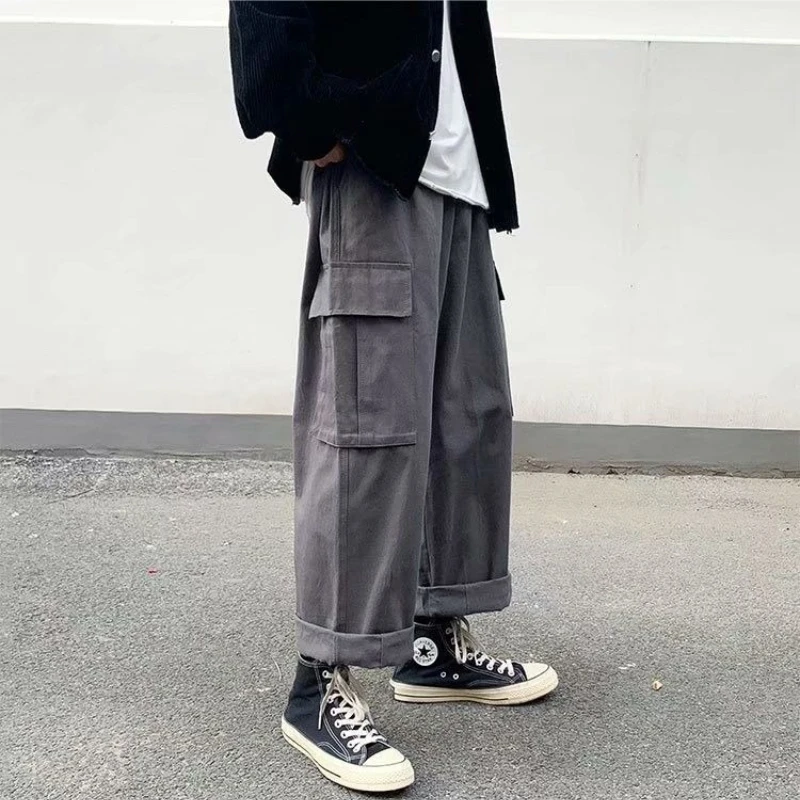 Mens Summer Thin Wide Leg Work Pants High Street Loose Straight Trousers Slim Fit Cool Boyish Trendy Cropped Male Pants