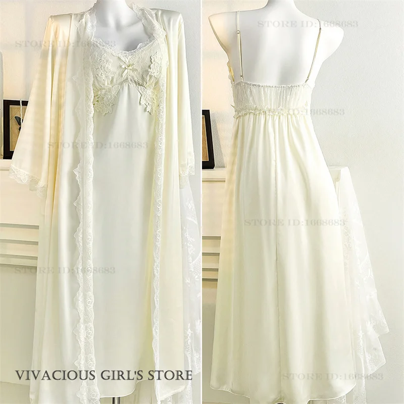 

Elegant Bride Wedding Long Robe Dress Sexy Lace Lingerie Nightgown Bathrobe Spring Summer New Homewear Sleepwear Satin Pajama