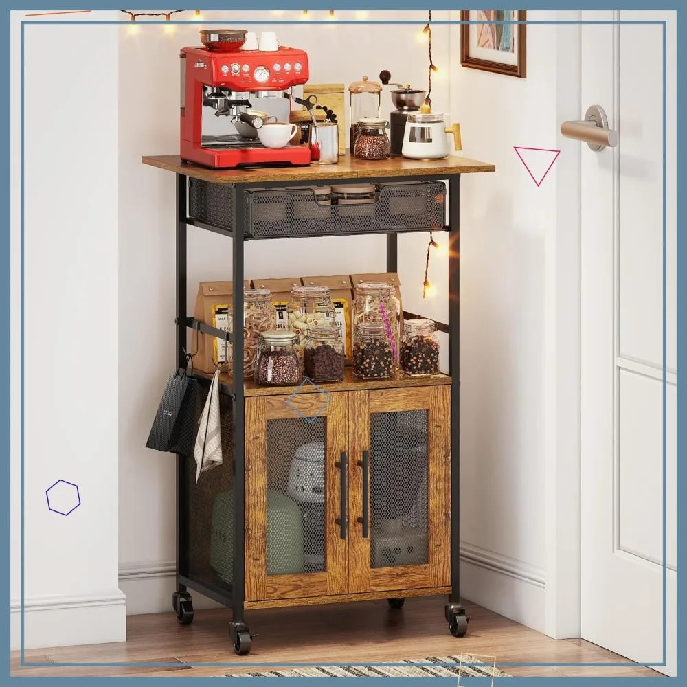 

3-Tier Rolling Coffee Cart with 2 Doors, Pull-Out Drawer, Lockable Casters for Kitchen and Dining Room in Rustic Brown