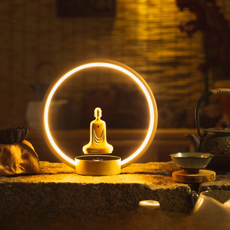 Magnetic levitation circular lamp Buddha statue home entrance decoration LED halo touch control rotation