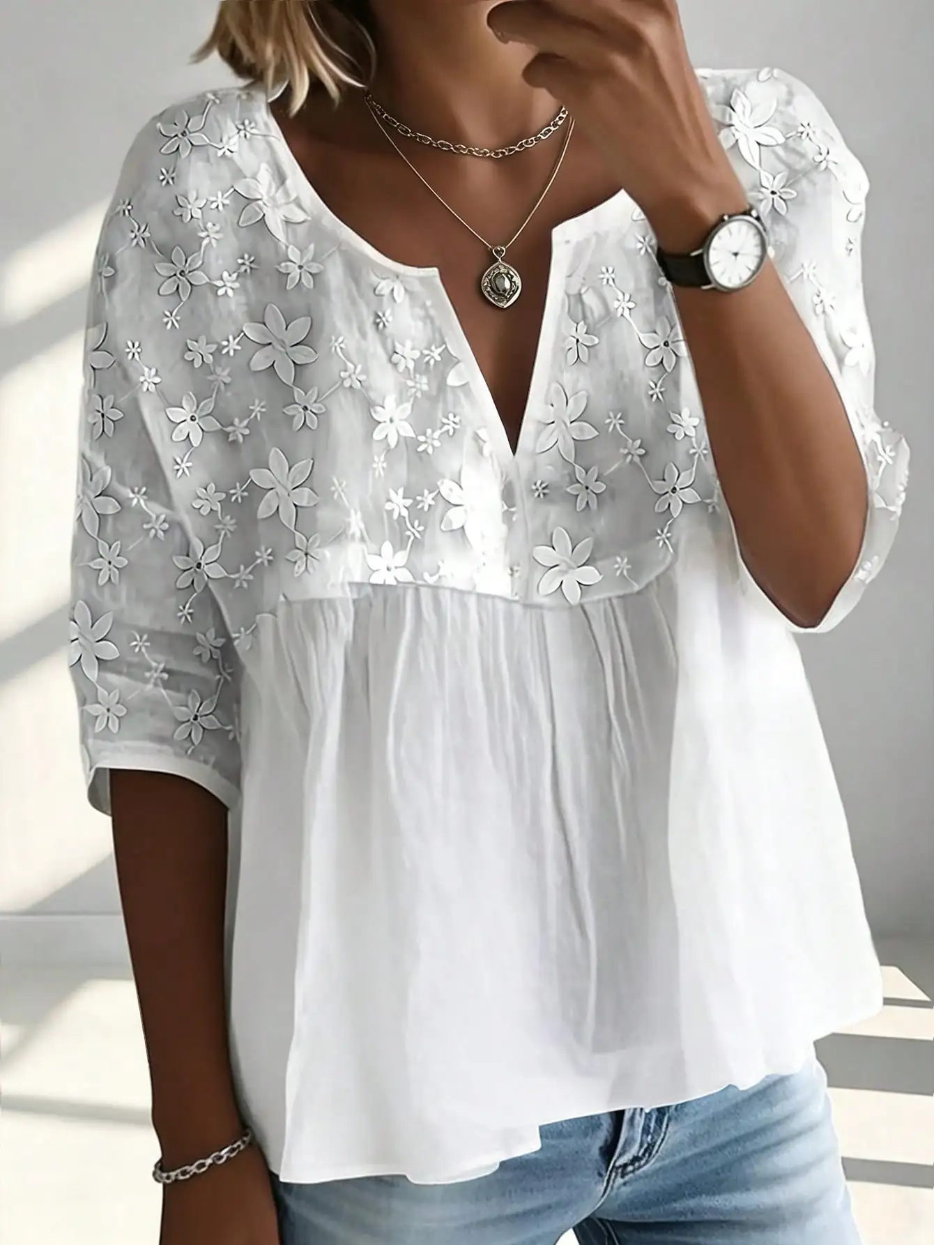 

White V-Neck Loose Fit Blouse with 3D Floral Embroidery, Summer