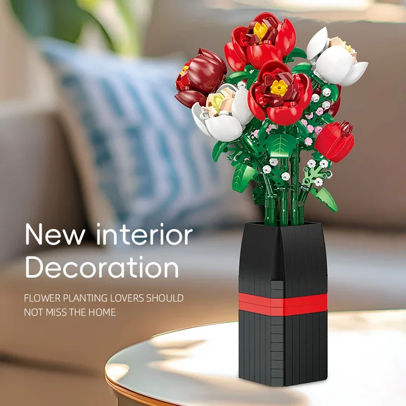 

Red Rose Building Block Flower Bouquet White Rose Vase Bricks Toy Set Adult Home Decoration Girls Valentine's Day Gifts