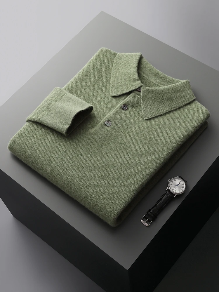 Men\'s POLO Collar Pullover Sweater 100% Merino Wool Knitwear Business Casual Comfort Shirt Spring Autumn Male Clothing Jumper