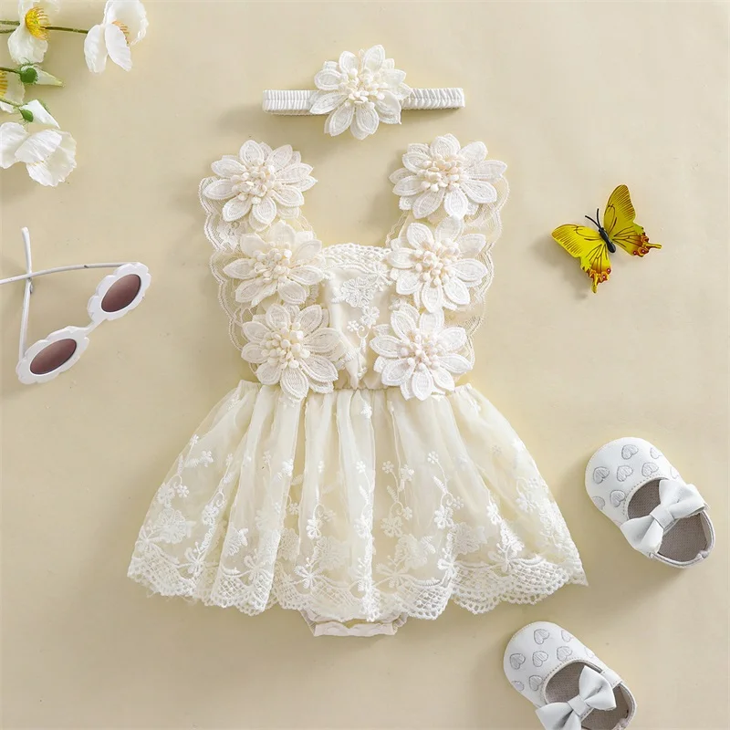 Baby Girl Summer Outfit Flower Embroidery Tie-Up Mesh Romper Dress Bow Headband 2 Piece Set