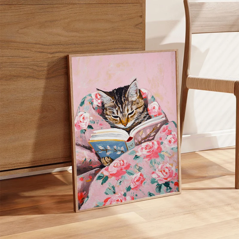 1pc frameless Canvas Painting Cat Reading Books Pink Cosy Wall Art Reading Room Library Study Room Art Canvas Painter Residence