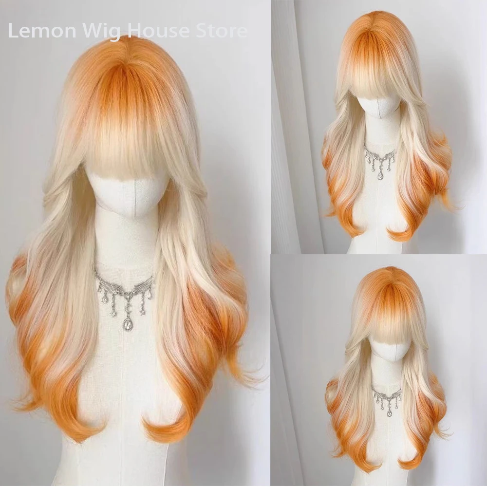 Platinum Orange Wavy Synthetic Wig with Bangs Long Curly Hair Lolita Wigs for Women's Daily Party Cosplay Wig Heat Resistant