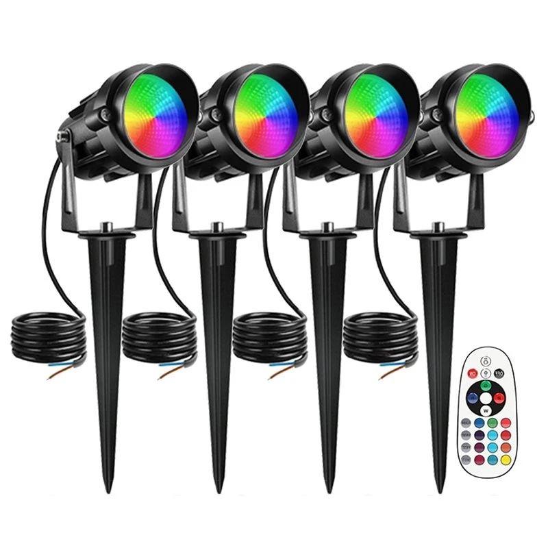 A08R~ RGBW LED Landscape Lights 10W Color Changing Outdoor Spotlights With Remote Control IP65 Waterproof Design Spike Mounting