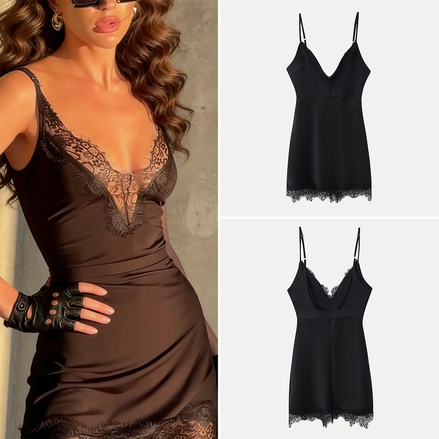 

Новинка зимы 2025: Женское модное платье с V-образным вырезом, кружевной отделкой, на бретельках, с завышенной талией, без рукавов, для повседневного использования