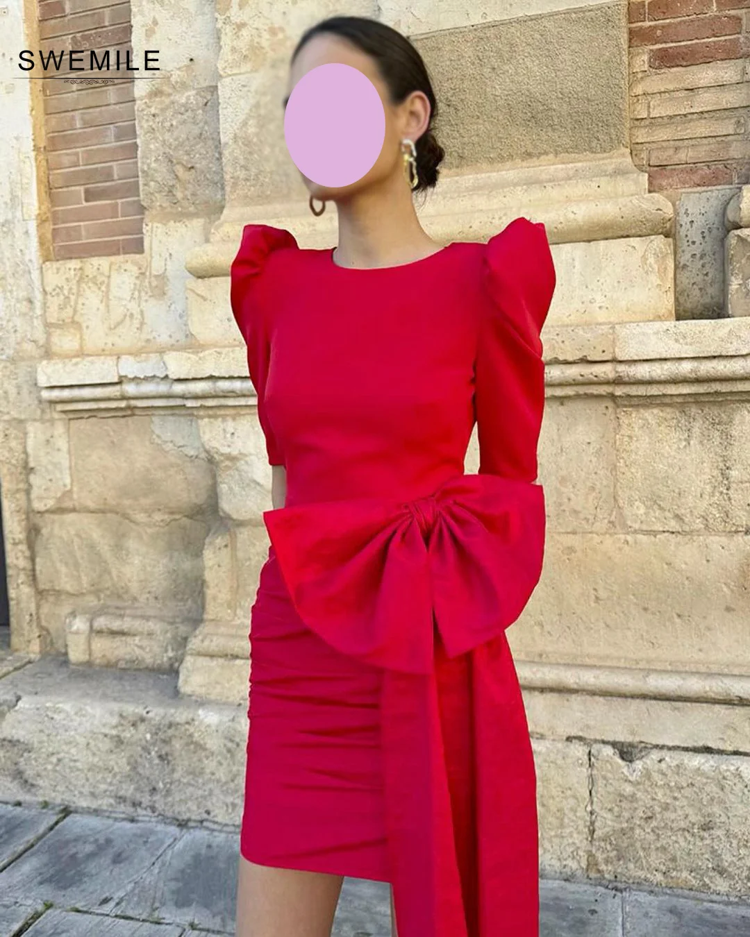 SWEMILE Red Column O Neck Zipper Up Bow Halter Hollow Out Short Evening Dress Party Dresses Wedding Party Dress Prom