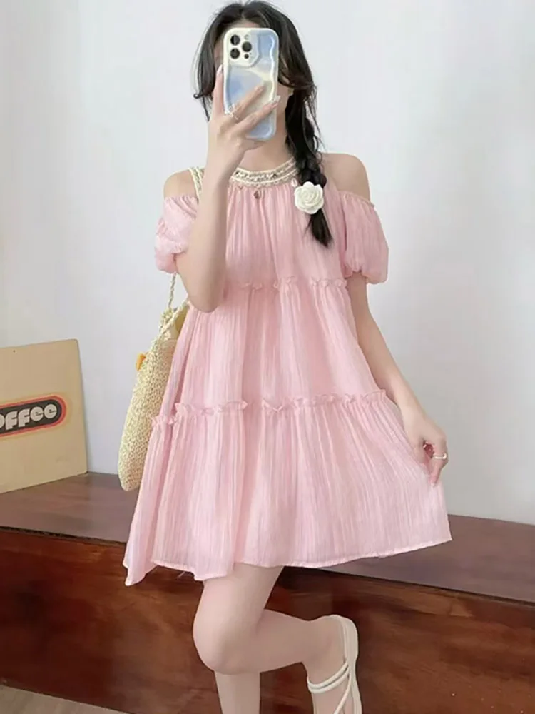 

Women Pink Off Shoulder Puff Sleeve Sexy Mini Dress Summer Elegant Ruffled A-Line Short Dress 2025 New Korean Loose Casual Dress
