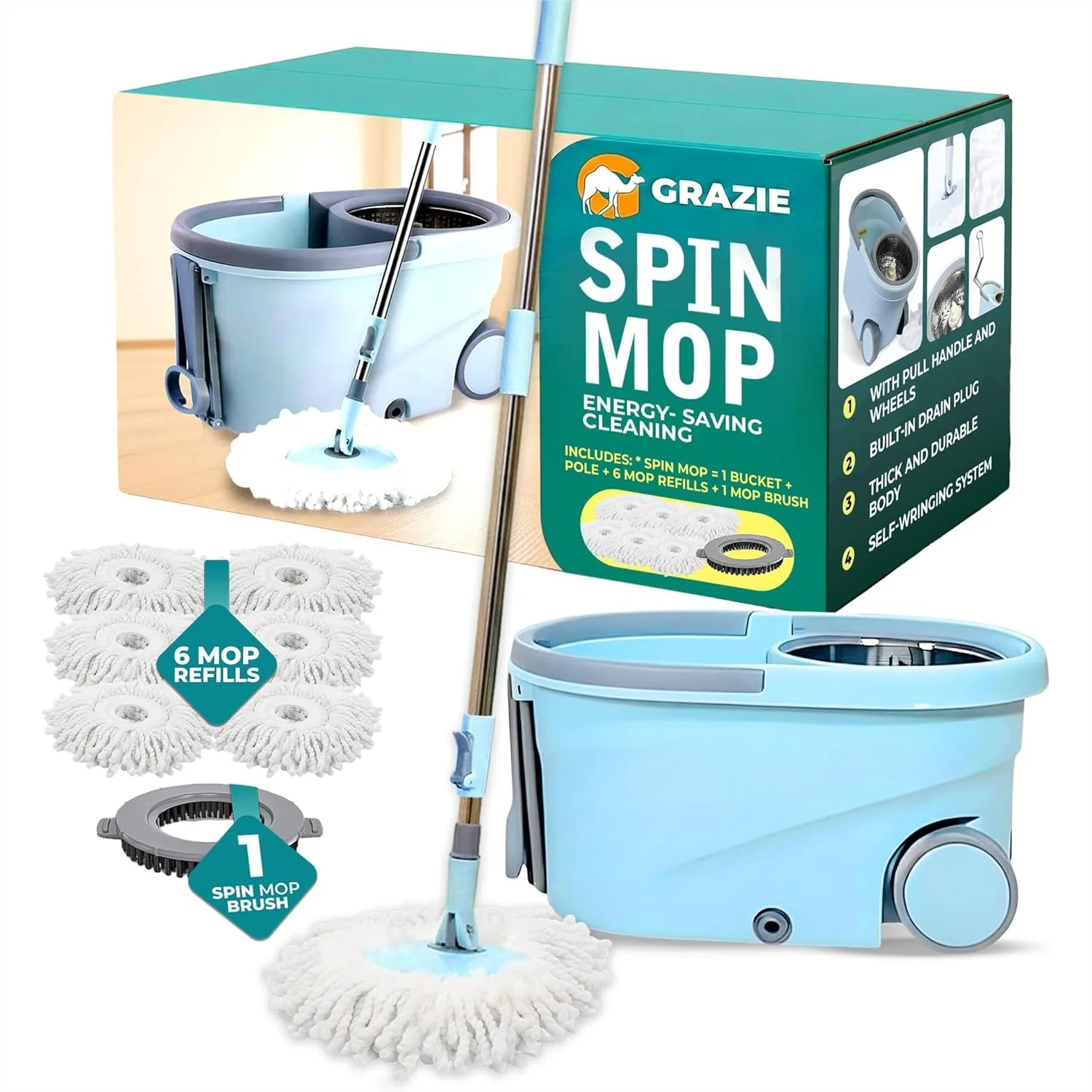 

Spin Mop & Bucket Set with 360° Self-Wringing System, Hands-Free Floor Cleaning for Hardwood, Tile, Laminate, Includes 6