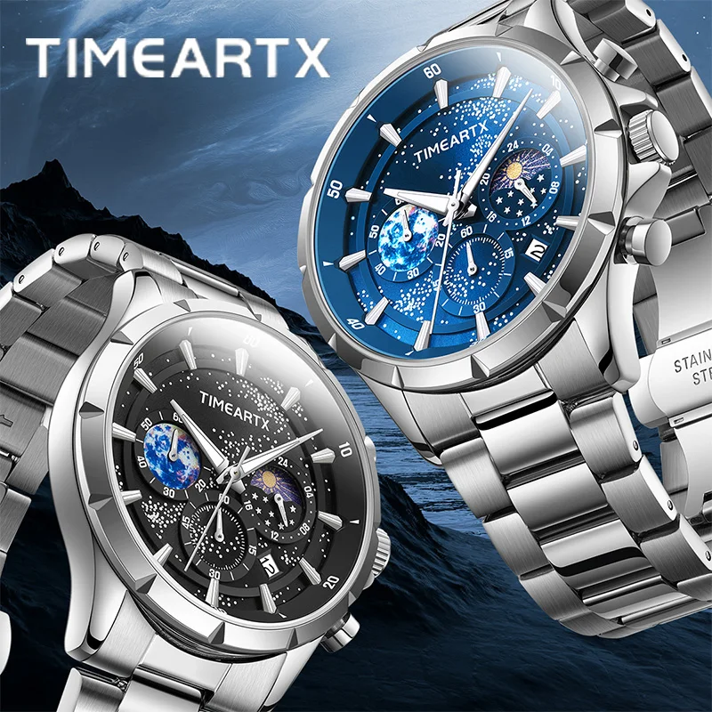 

TIMEARTX брендовые кварцевые часы модные деловые часы с фазой Луны светящиеся звездное небо часы с датой для мужчин