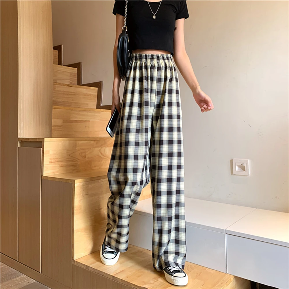 Coffee Dark Green Blue Grid Purple Grid Pink Harajuku Oversize Trousers Female Korean Style High Waist Checkered Wide Leg