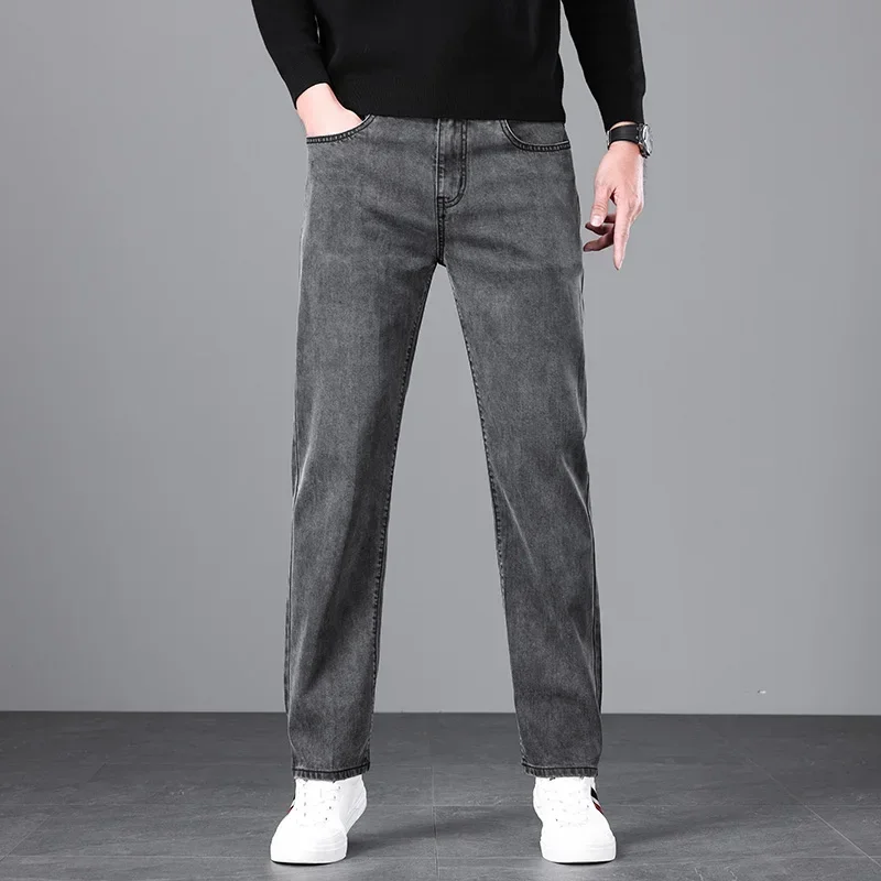 جديد الخريف الرجال موضة فضفاض الجينز رمادي أسود تمتد مستقيم الكلاسيكية سراويل جينز الذكور تنوعا سراويل تقليدية مريحة