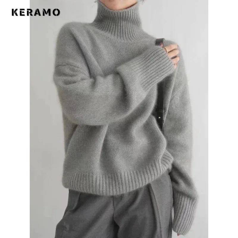 Women\'s Vintage Casual Knitting Long Sleeve Pullovers 2023 Winter Fashion Turtleneck Solid Ladies Loose Female Warm Sweater Top