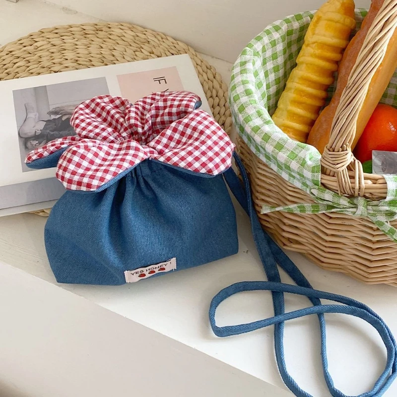 Brown Red White Green Gray Yellow Black Denim Gingham Flower Drawstring Crossbody Cute Cherry Blue Shoulder Pouch Phone Purse