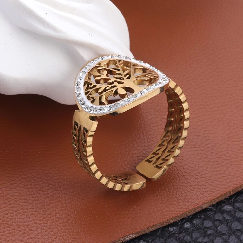 Fashion Tree Shape Stainless Steel Rings for Women Accessories Hollow Out Rhinestone Gold Color Open Ring Party Jewelry Gift