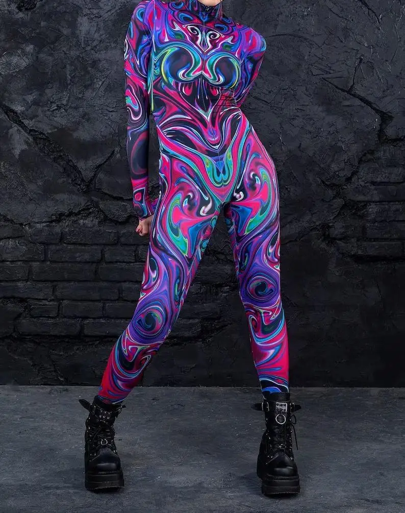 Bunter 3D-Druck Damen Party Cyberpunk Regenbogen Jumpsuit Onesie Halloween Cosplay Kostüm Elastischer Bodysuit Romper – Detail 15