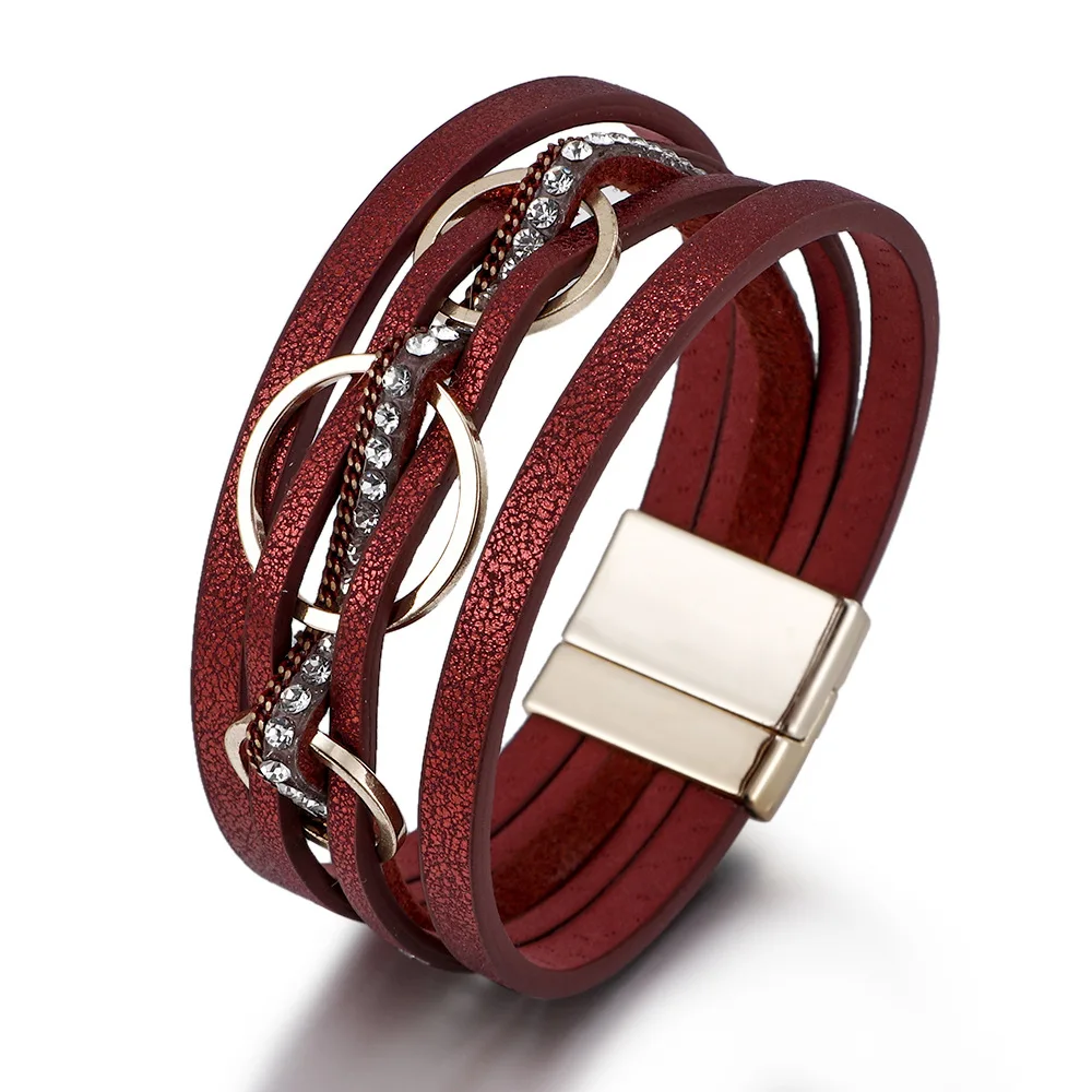 ZG European and American Magnetic Buckle Bracelet For Women Multi-layer PU Leather Circular Ring Design Bracelet Jewelry