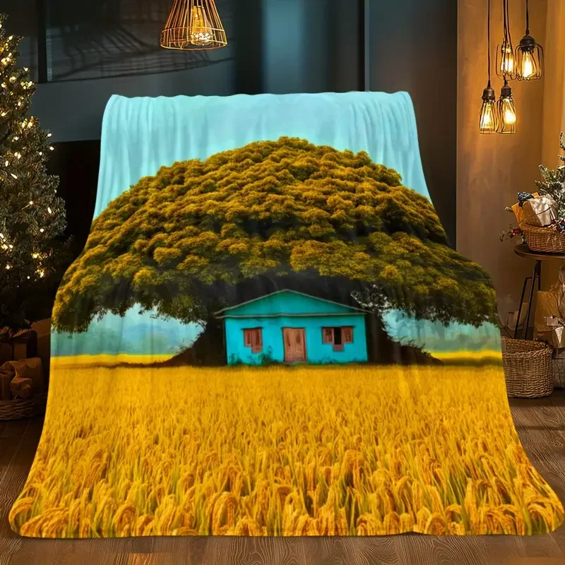 بطانية الفانيلا بتصميم البيت الأزرق والقمح الذهبي - خفيفة الوزن ودافئة للأريكة والسفر والسرير والمكتب - عيد الهالوين