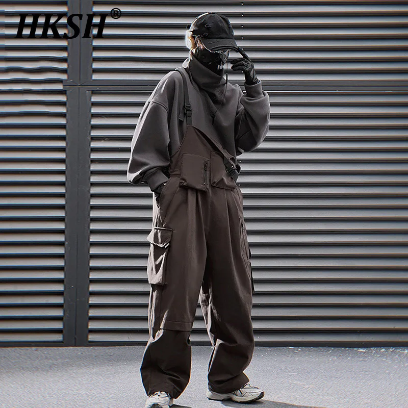 

HKSH Heavy Industry Autumn New Men's Tide Dark Safari Style Multi Pocket Strap Overalls Casual Straight Japanese Trousers HK2447