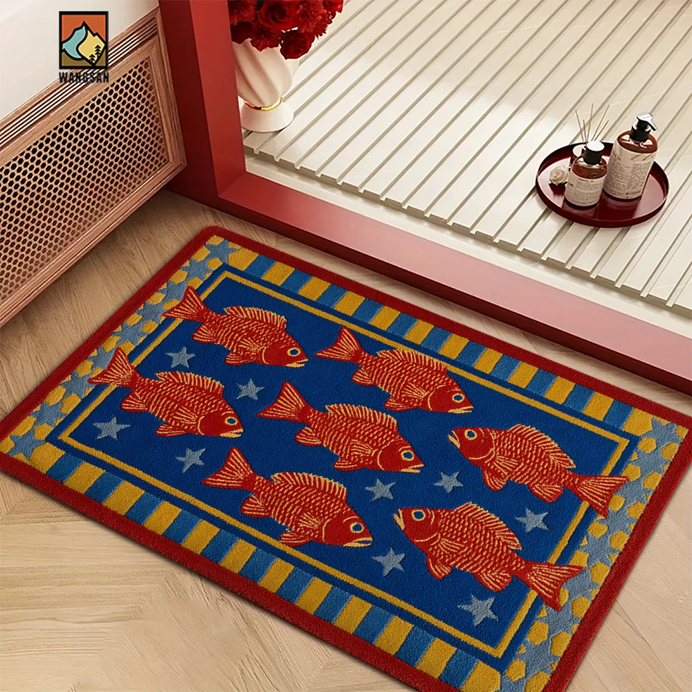 VIKAMA American Vintage Red Fish Fußmatte, weiche und rutschfeste Eingangsmatte, dekorativer Teppich für Badezimmer und Eingangsbereich