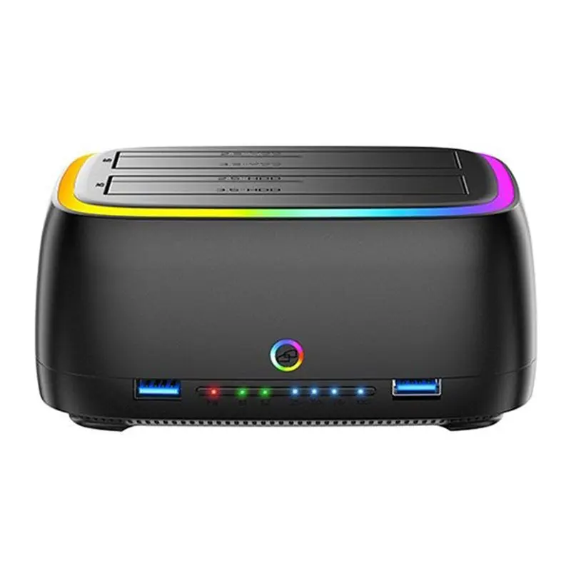 M51K-Dual-Bay RGB Hard Drive Station HDD/SSD Docking HUB/TF/SD USB3.0 To SATA Type-C For 2.5/3.5 Inch US Plug