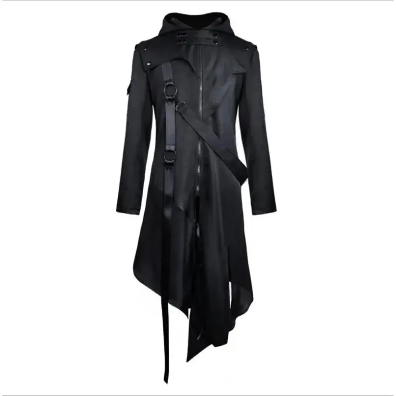 Medieval Men Gothic Irregular Hooded Hip Hop Trench Coat Steampunk Long Black Design Overcoat Assassin Cosplay Costu