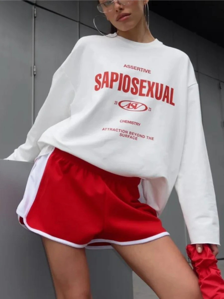 100% Cotton Letter Print T-Shirt Women's Elegance Fashionable Unique Print Long Sleeve Loose Fit Versatile Casual Top