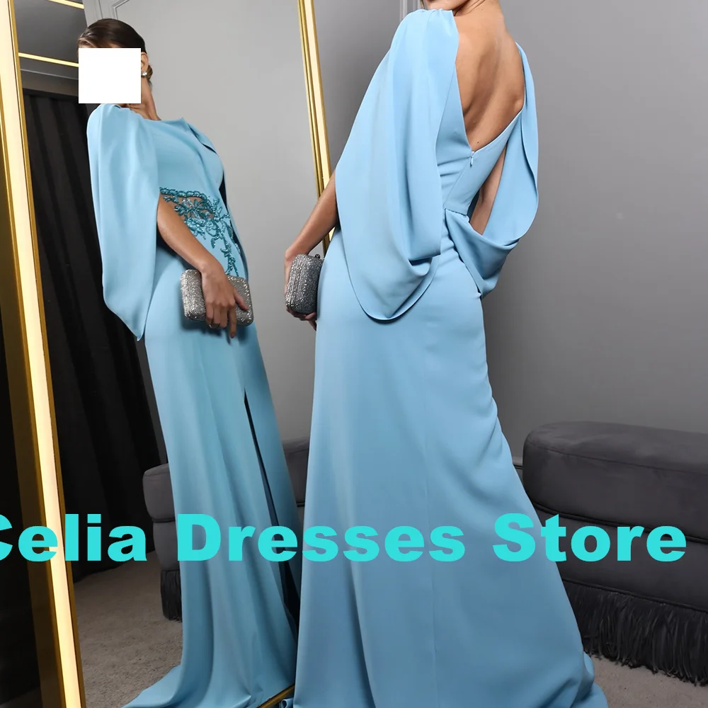 Customized Sky Blue Jersey and Appliques with Sequined for Lace Evening Dress Mermaid O-Neck  3/4 Sleeves Zipper Back Prom Gowns image 2