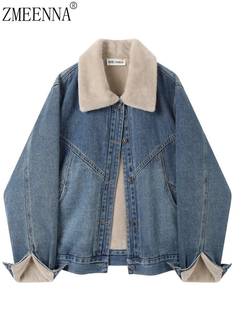 

ZMEENNA Womens Retro Denim Jacket Faux Fur Collar Lined Washed Blue Coat Single Breasted Warm Winter Outerwear ZM4685