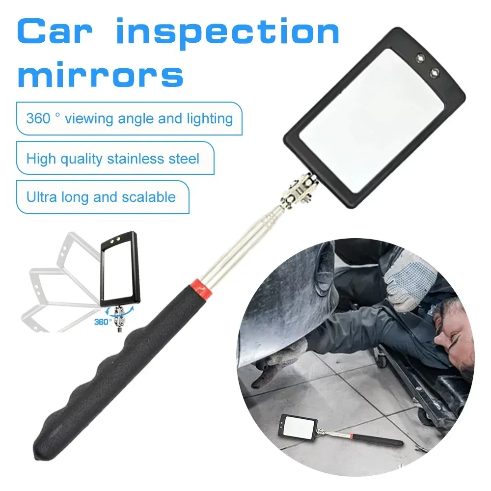 Car 360° Inspection Mirror LED Light Telescoping Mirrors Extend Mechanic Tools Inspection Mirror Telescopic Handle Repair Tool