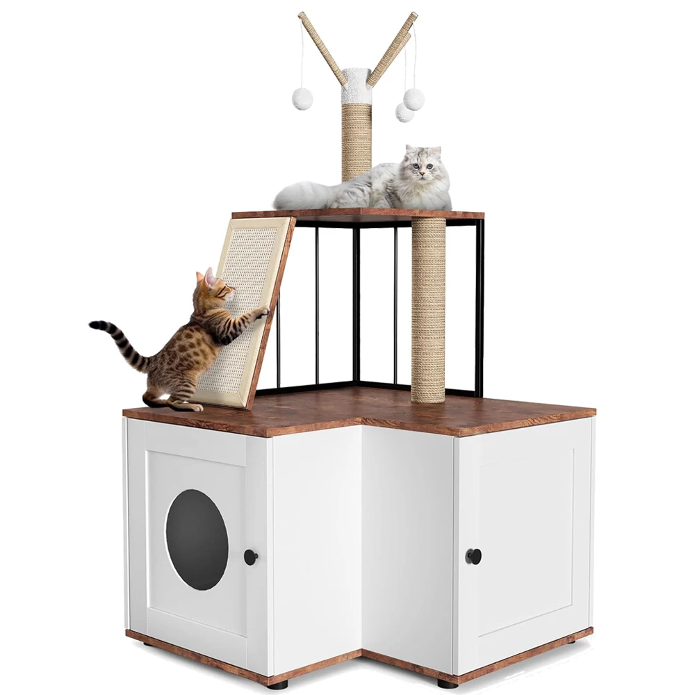 

Cat Tree Litter Box Enclosure Hidden Litter Box, Large Tall Cat Tower for Indoor Cats Large Adult, 2 in 1 Multi Level 48.8In Cat