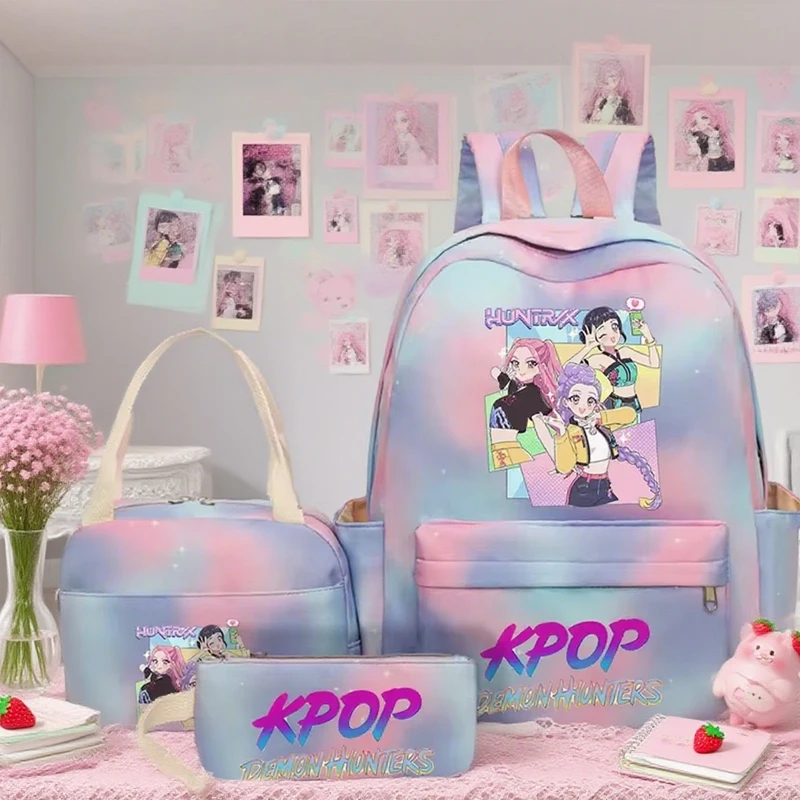 

K-pop Demon Hunter 3pcs Kids Backpack Set Pencil Case Foldable Lunch Bag Travel Bag Cute Schoolbag Girls Casual Commute Knapsack