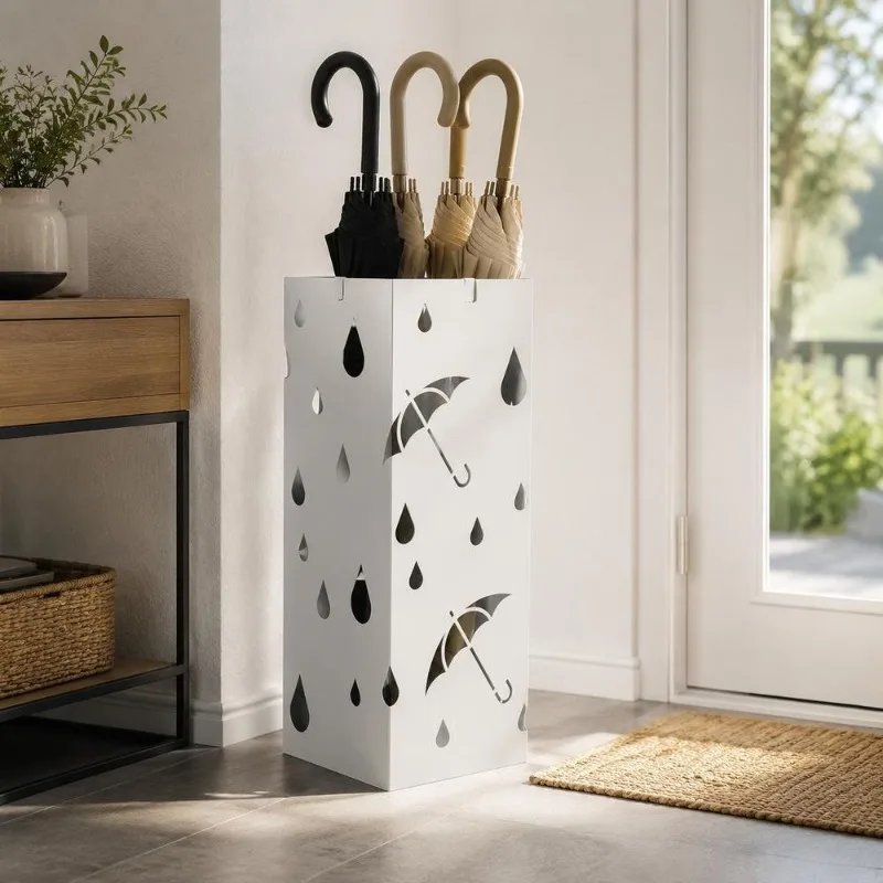 Porte-parapluie en acier galvanisé N Von 15 cm avec quatre crochets, porte deux grands parapluies, bac amovible pour un nettoyage facile, rangement pratique pour hall d'entrée, appartement, studio et espaces divers.