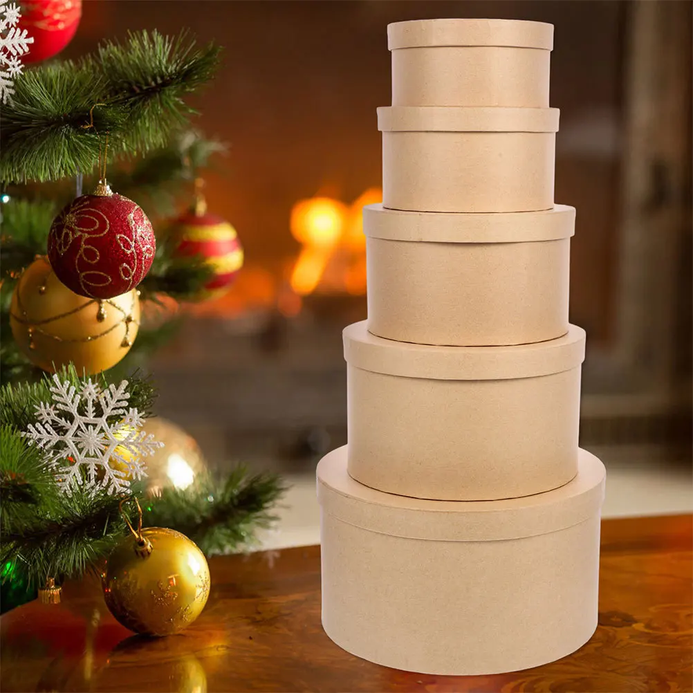 

6Pcs Round Gift Boxes Kraft Paper DIY Size Storage Packaging Boxes for Gifts Birthdays Wedding Party Wraps