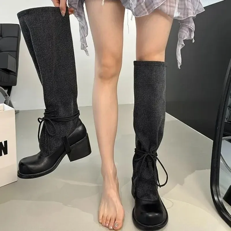 

2025 Retro Tie Dye Long Boot Women Autumn Winter New Style Knight Boot High Tube Thick Heel Large Size round Toe Rubber Outsole