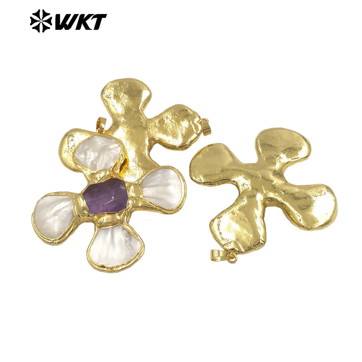 

WT-JP425 WKT Популярный кулон в форме креста с четырьмя ракушками и бирюзой/аметистом в центре, с покрытием из 18-каратного золота, для женщин, ACC