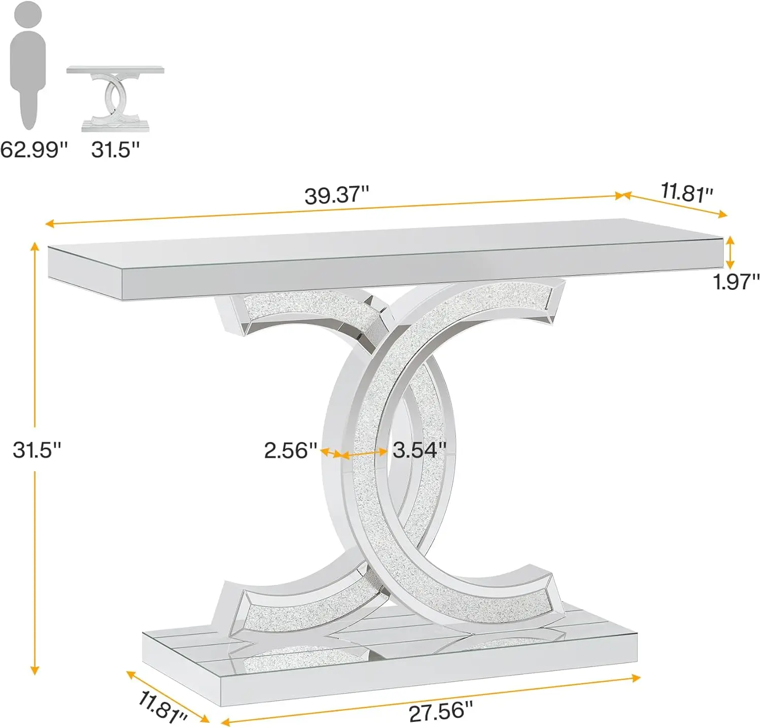 Mirrored Console Table, Modern Silver Entryway Table with Sparkling Crystal Inlays, 39-inch Glass Sofa Table Hallway Table