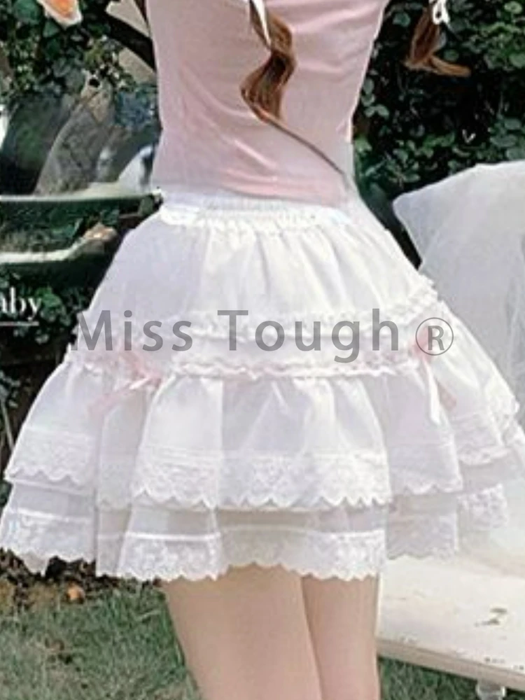 Lace Mesh Retro French Sweet Skirt Women Summer New Cute Princess Skirt Female Bow Solid Gauze High Weight Y2k Mini Skirt 2024