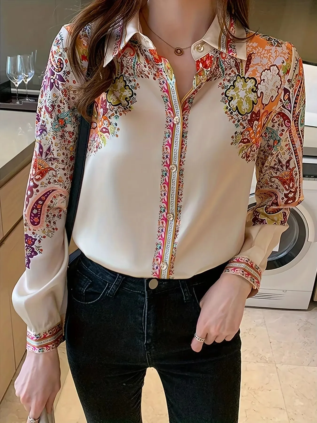 Camicie con stampa floreale di moda per donna nuove camicette eleganti da donna 2024 primavera estate top abbottonati a maniche lunghe blusa mujer