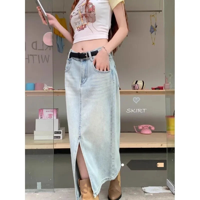 

GUUZYUVIZ Light blue Split Jeans Skirts Women 2024 New Korean Fashion Casual High Waist Denim A-line Midi Skirt