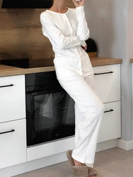 Marthaqiqi White Loose Women'S Nightgowns 2 Piece Set O-Neck Sleepwear Long Sleeve Pajamas Pants Casual Ladies Nightwear Suits