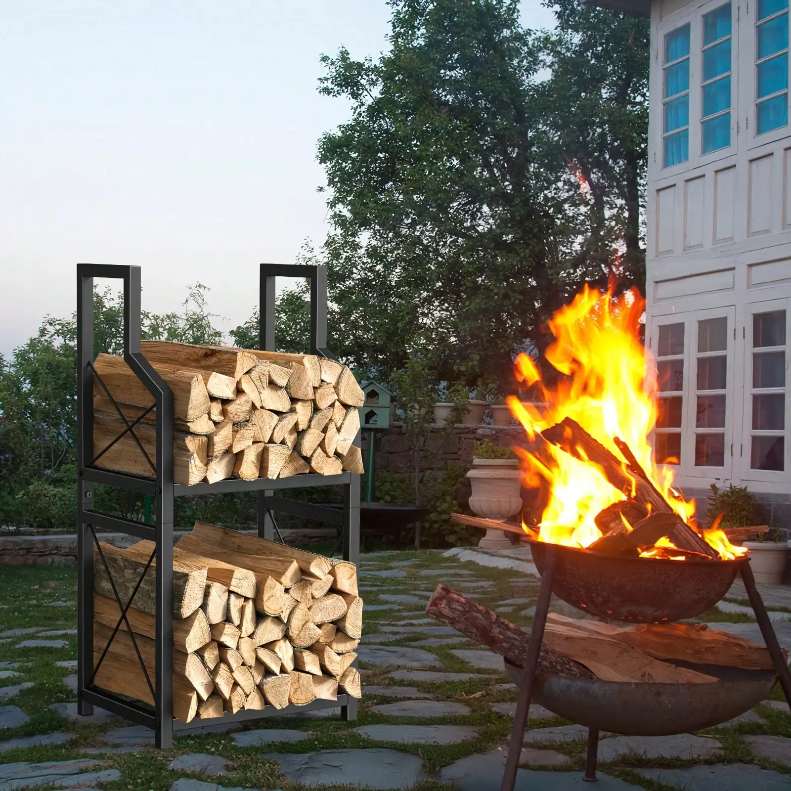 Heavy Duty Metal Firewood Rack - Space-Saving Log Holder For Fireplace, Matte Black Wood Pile Storage Organizer & Stacker, Suitable For Indoor Living Room, Outdoor Patio, Backyard, Garage & Porch