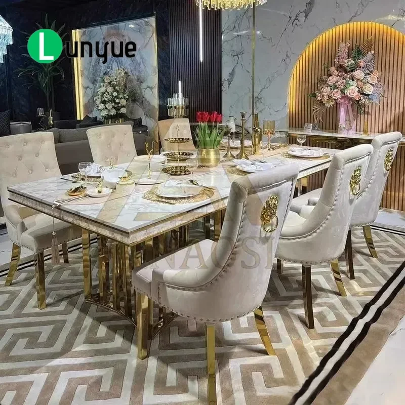 Modern Rectangular Marble Dining Table Gold Stainless Steel Base Seats 6 Luxury Furniture for Villa Hotel Living Room Durable