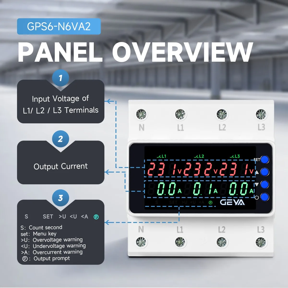 GEYA 3 Phase AC220V 380V Voltage Relay 63A/100A Adjustable Over Under Voltage Current Limit Protection Relay Protector Din Rail